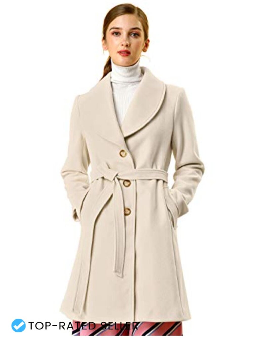 Allegra K Winter Pea Coat Shawl Collar Belted Long Overcoat